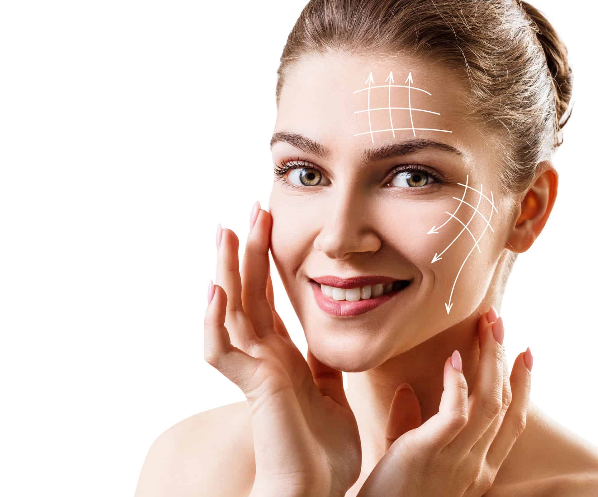 Face lift anti-aging lines on young female face. Graphic lines showing facial lifting effect on skin.