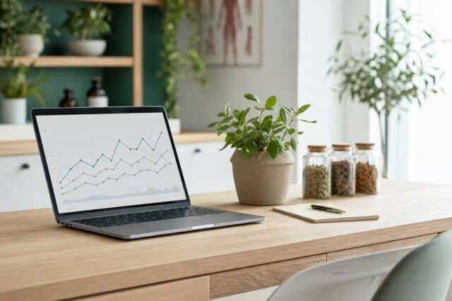 Laptop showing rising website traffic on a naturopathic clinic desk with herbs and plants