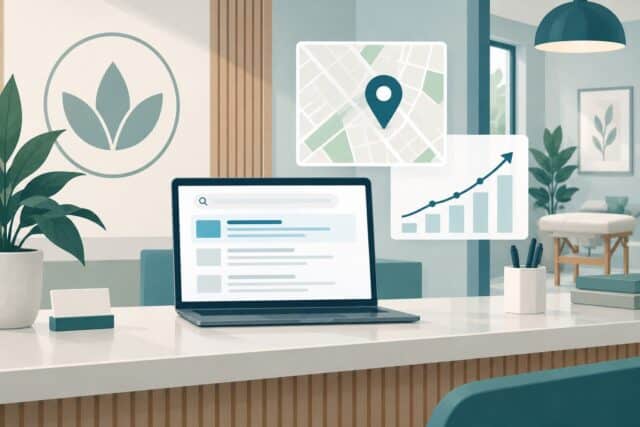 Clinic front desk with a laptop showing search results, a local map pin, and a rising performance chart