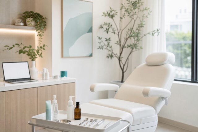 Bright modern aesthetics clinic treatment room with a white treatment chair and a tray of professional skincare tools